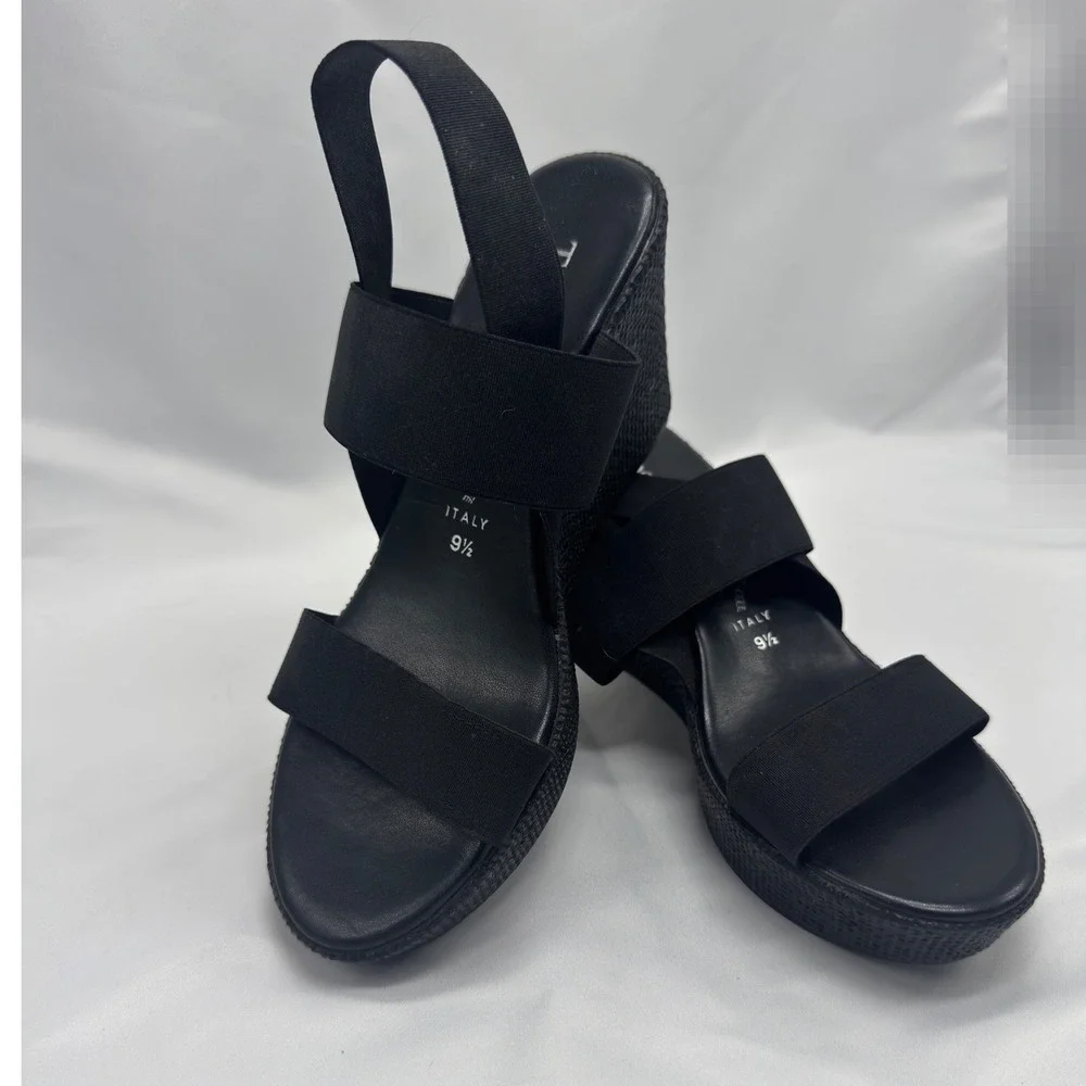 Womens Black Elastic Platform Strappy Wedge Sandals Size 9.5 Made in Italy